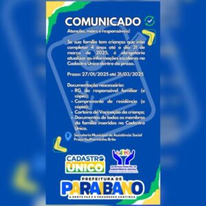 Prefeitura de Paraibano comunica famílias sobre atualização do Cadastro Único