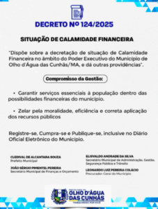Decretada Calamidade Financeira em Olho D’Água das Cunhãs