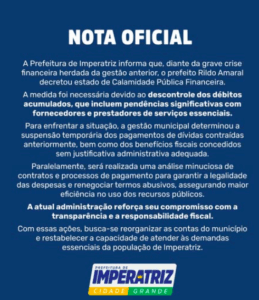Rildo Amaral decreta estado de Calamidade Financeira em Imperatriz