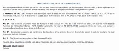 Braide libera crédito de mais R$ 16 mi a orçamento do Fundo de Transporte