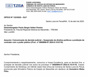 URGENTE! Juíza comunica TRE sobre suspensão de direitos políticos de Hemetério Weba