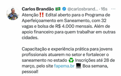 Governo do MA abre inscrições para Programa de Aperfeiçoamento em Saneamento com bolsa de R$ 4 mil