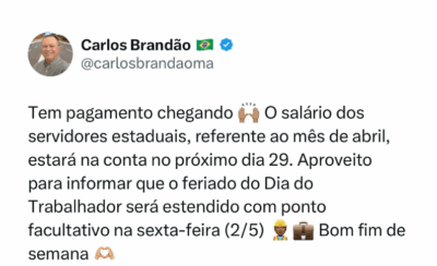Brandão anuncia pagamento antecipado e feriadão prolongado no Dia do Trabalhador