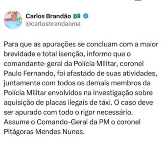 Brandão afasta comandante da PM e militares citados em reportagem sobre ‘Máfia dos Táxis’