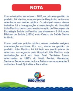 Em nota, Prefeitura de Bequimão reforça compromisso com a saúde e anuncia reformas em Unidades Básicas