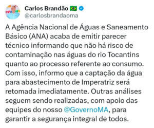 Governador Carlos Brandão anuncia retomada da captação de água no Rio Tocantins
