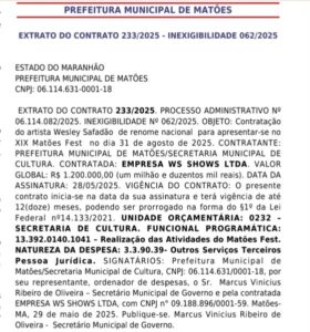 Wesley Safadão vai cantar em Matões por R$ 1,2 milhão pagos pela prefeitura