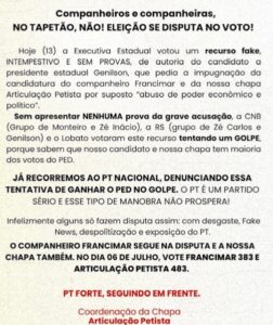 Chapa do atual presidente do PT no Maranhão é impugnada