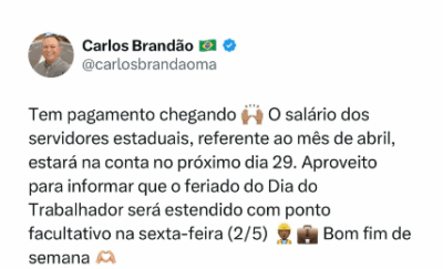 Veja Agora: Brandão anuncia pagamento antecipado e feriadão prolongado no Dia do Trabalhador