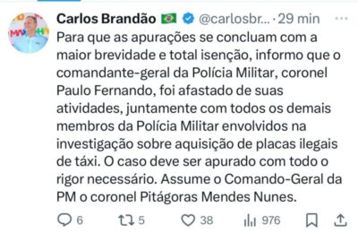 Brandão afasta coronel e policiais envolvidos em esquema de placas de táxi
