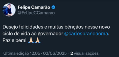 Diferentemente de anos anteriores, Felipe Camarão adota tom protocolar ao parabenizar Carlos Brandão