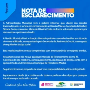 Prefeitura de Presidente Médici irá doar prêmio ganho por mãe de secretária