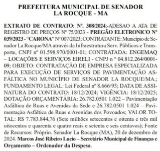 Gestão de Bartolomeu assina contrato milionário para pavimentação em Senador La Rocque