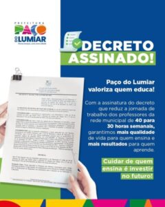 Paço do Lumiar: Prefeito Fred Campos assina decreto que reduz jornada de trabalho dos professores de 40 para 30 horas semanais