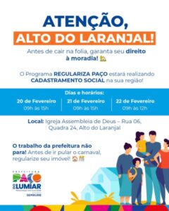 Prefeitura de Paço do Lumiar realiza até o próximo sábado (22) cadastramento social para o programa Regulariza Paço no bairro Alto Laranjal