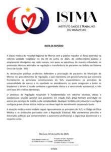 Classe médica do Hospital Regional de Morros emite nota de repúdio após questionamentos públicos