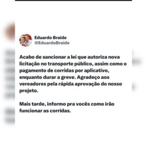 BRAIDE SANCİONA LEI, MAS AINDA NÃO EXPLICA COMO VAI CUSTEAR UBER DURANTE GREVE