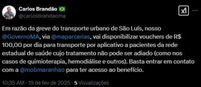 Governador Carlos Brandão sai na frente de Eduardo Braide e libera R$100 em créditos para utilizar em transporte por aplicativos