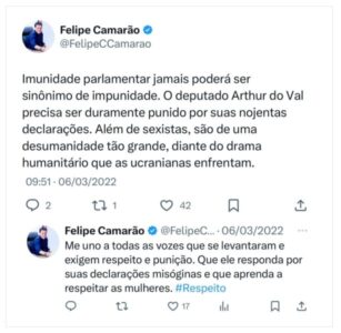 Contra Artur do Val, Camarão cobrou dura punição pelas “declarações nojentas e sexistas” do deputado que acabou cassado