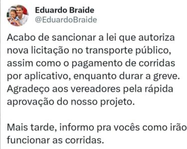 Braide sanciona PL que concede corrida gratuita em Apps para usuários de coletivos
