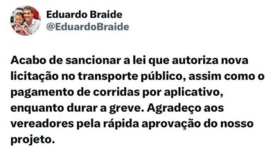 Braide sanciona lei para pagar corridas por app durante greve e nova licitação do transporte