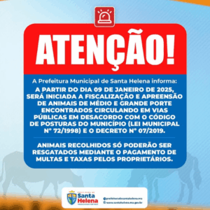 Gestão Joãozinho Pavão determina apreensão de animais de médio e grande porte soltos nas vias públicas em Santa Helena