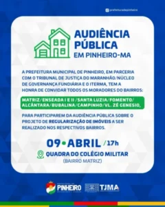 Prefeitura de Pinheiro convida população para lançamento do REURB, que garantirá regularização de imóveis no município