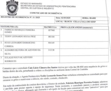 Apontado por assassinato de major da PM causa tumulto e faz ameaças em unidade prisional de São Luís