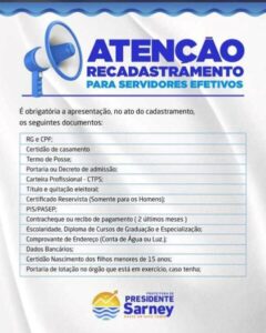 Prefeitura de Presidente Sarney convoca servidores efetivos para recadastramento obrigatório